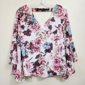 WHBM floral v-neck flare bell sheer sleeves blouse w/ v slouch back woman size 0